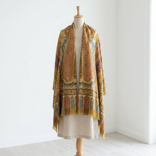 Stunning Kalamkari – Fine Cashmere Wool Shawl with Hand-Block Printing & Embroidery