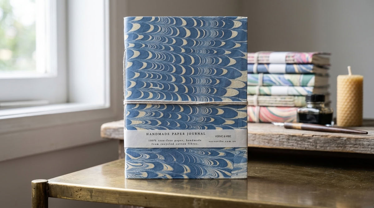 Indigo Crests -  Marbled Cover, Handmade Journal & Notebook