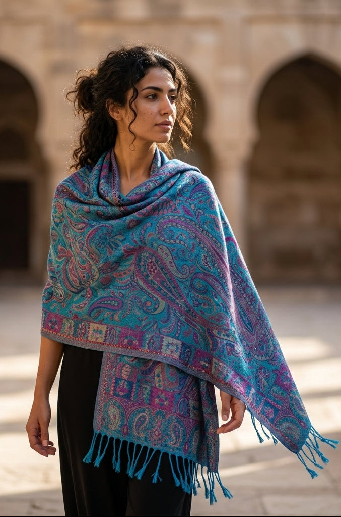 Kashmiri Motif - Reversible Shawl with Intricate Jacquard Kani Weave & Tassels