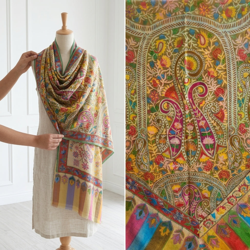 Stunning Kalamkari – Fine Cashmere Wool Shawl with Hand-Block Printing & Embroidery