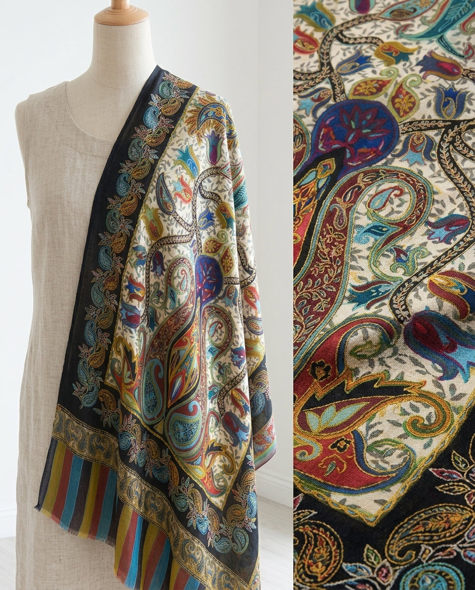 Stunning Kalamkari – Fine Cashmere Wool Shawl with Hand-Block Printing & Embroidery