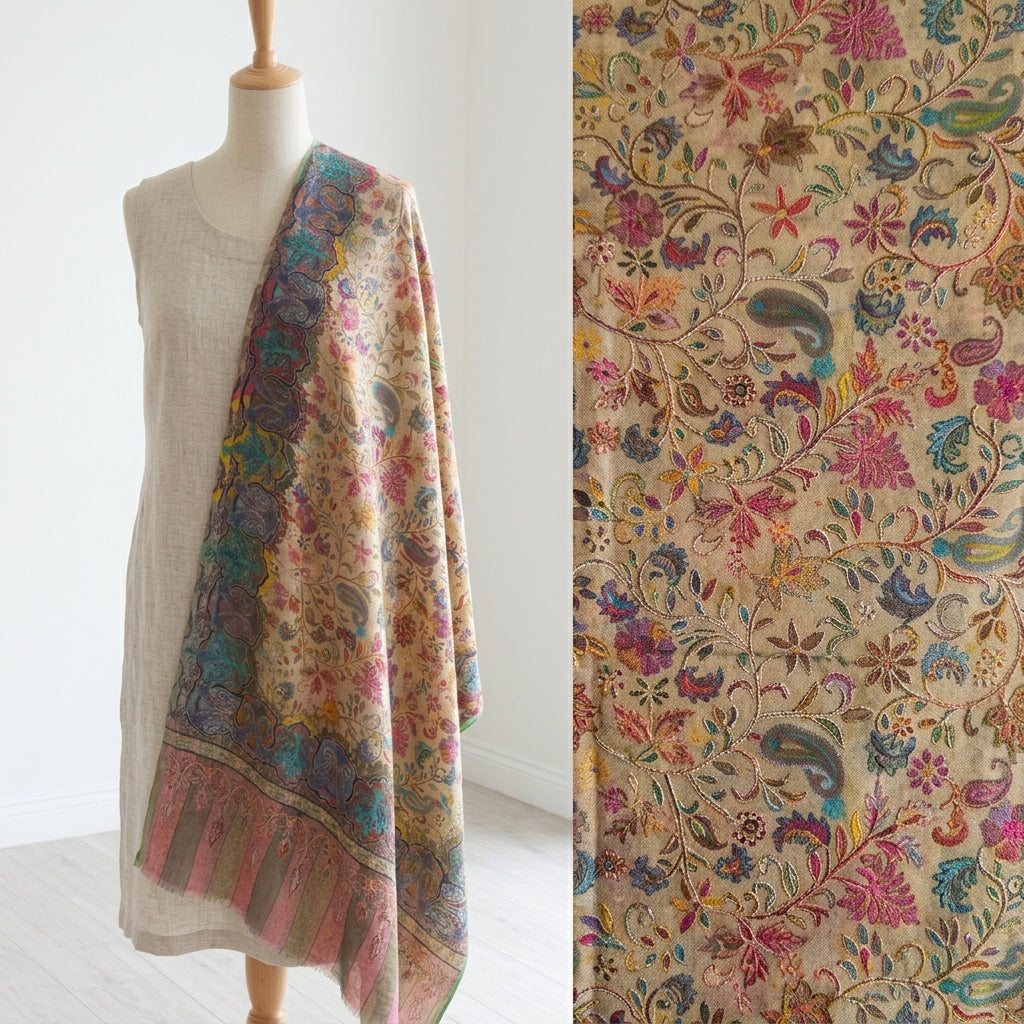 Stunning Kalamkari – Fine Cashmere Wool Shawl with Hand-Block Printing & Embroidery