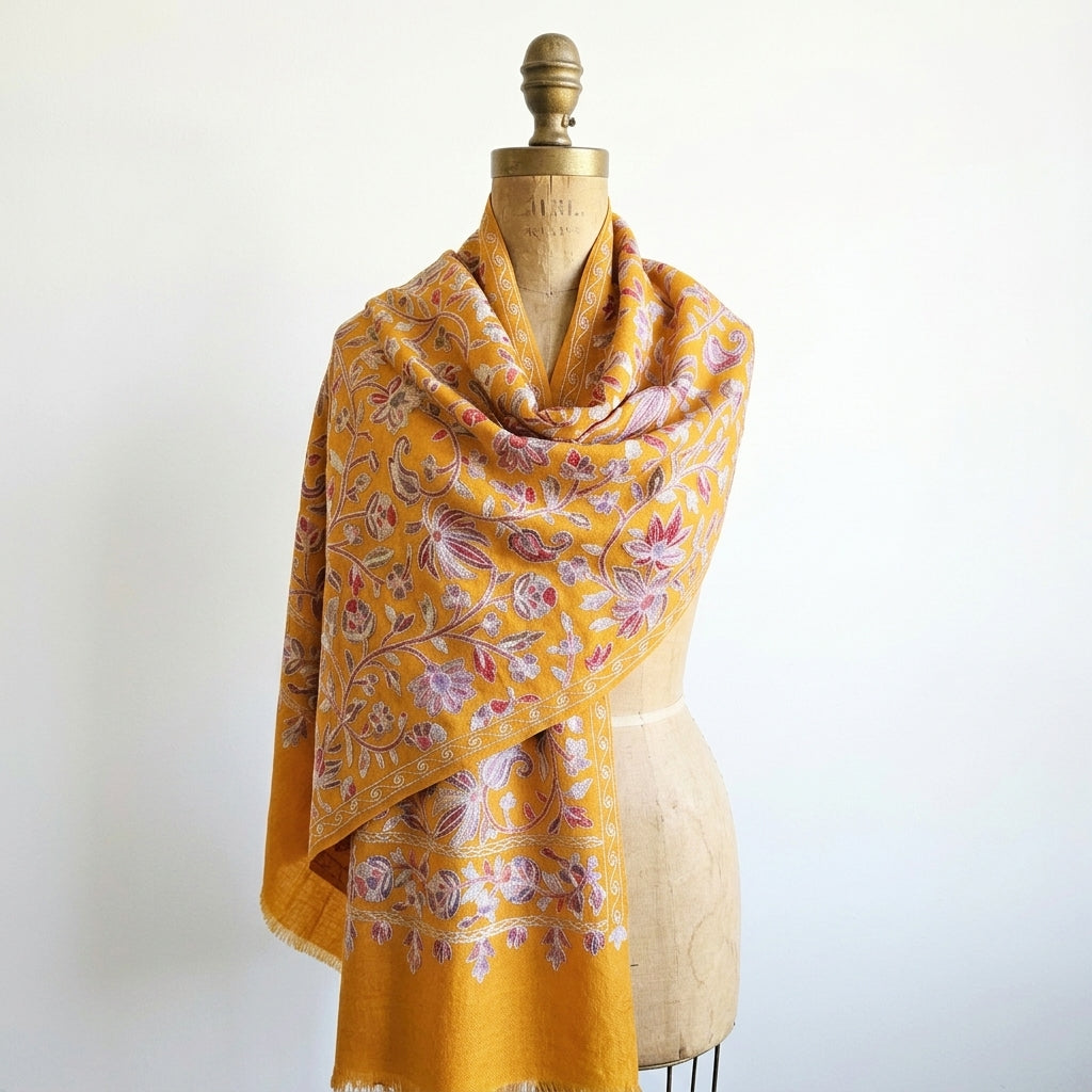 Yellow floral patterned scarf on a mannequin against a white background