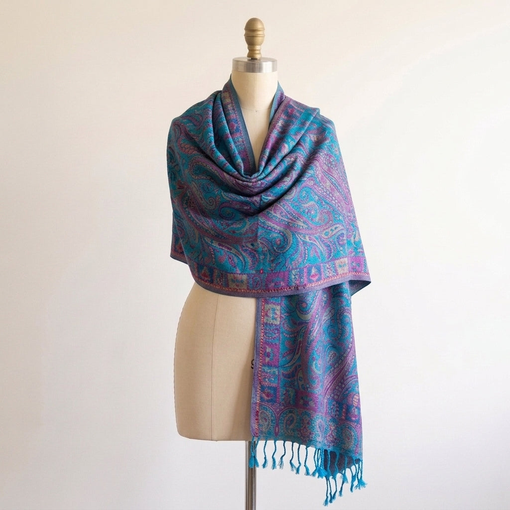 Kashmiri Motif - Reversible Shawl with Intricate Jacquard Kani Weave & Tassels