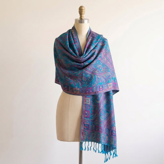 Kashmiri Motif - Reversible Shawl with Intricate Jacquard Kani Weave & Tassels