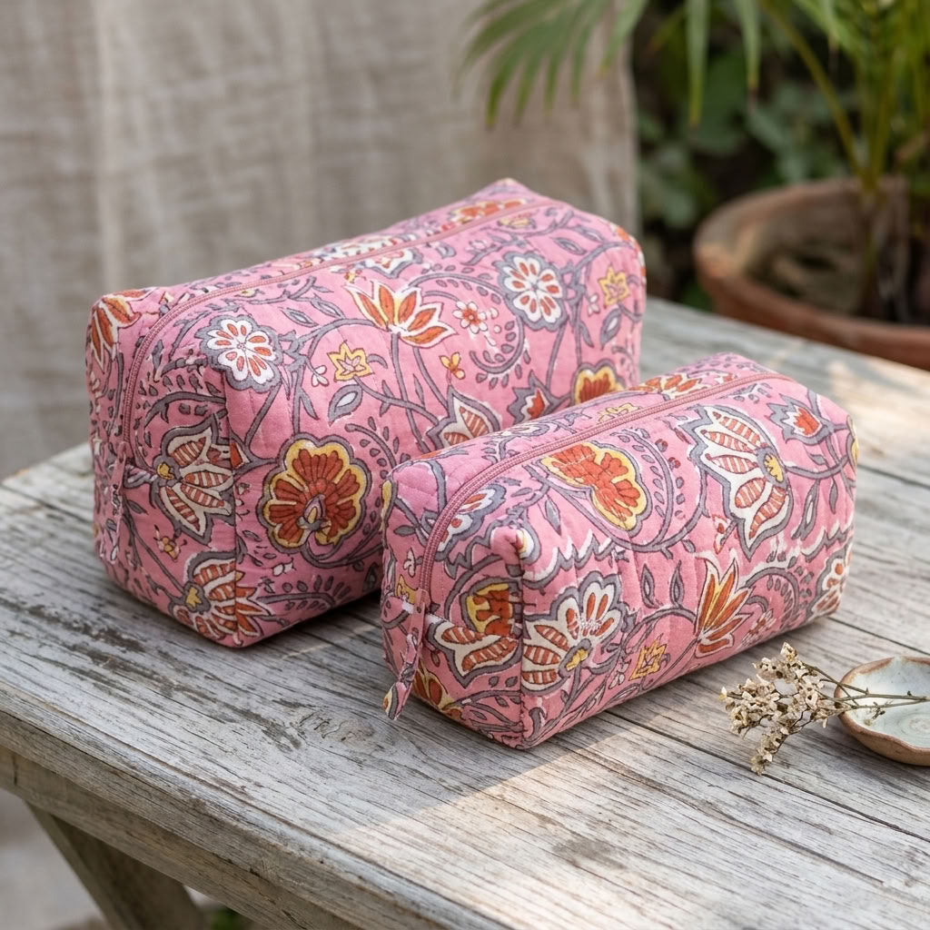 The Mélange - Hand-block Printed Quilted Makeup Bag | Cosmetic Pouch