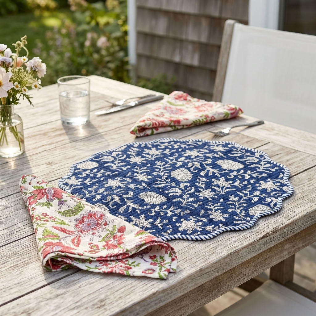 Midnight Botanica - Block Printed, Reversible, Quilted Cotton Placemats