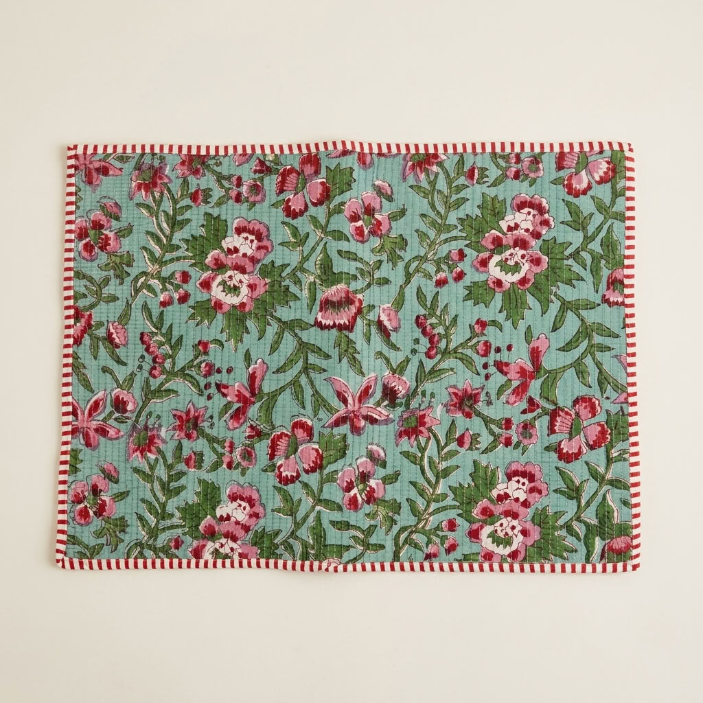 Flora Fiesta - Block Printed, Reversible, Quilted Cotton Placemats