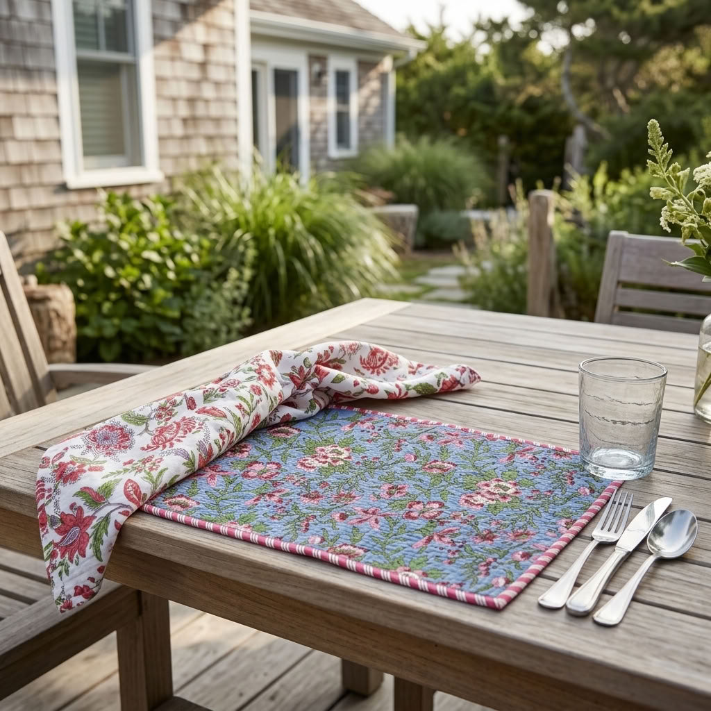 Blue Garden - Block Printed, Reversible, Quilted Cotton Placemats
