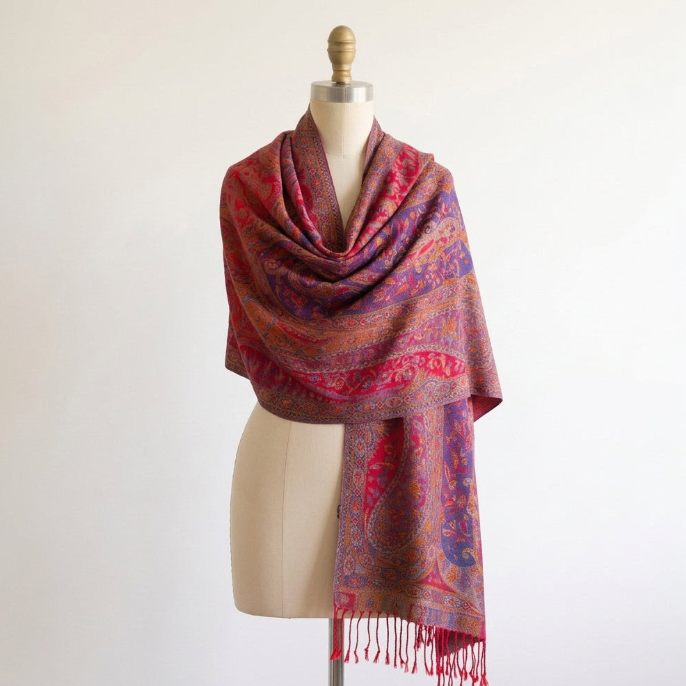 Kashmiri Motif - Reversible Shawl with Intricate Jacquard Kani Weave & Tassels