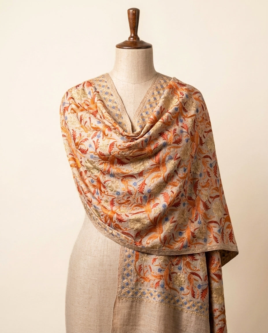 Heritage Nalki - Fine Cashmere Wool Shawl with Intricate Silk Embroidery
