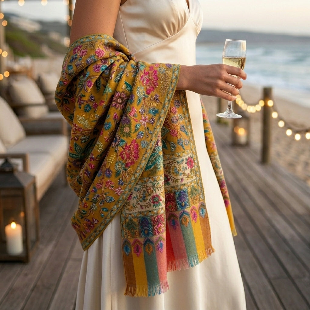 Person holding a glass of champagne with a colorful scarf draped over their shoulder on a wooden deck by the sea.