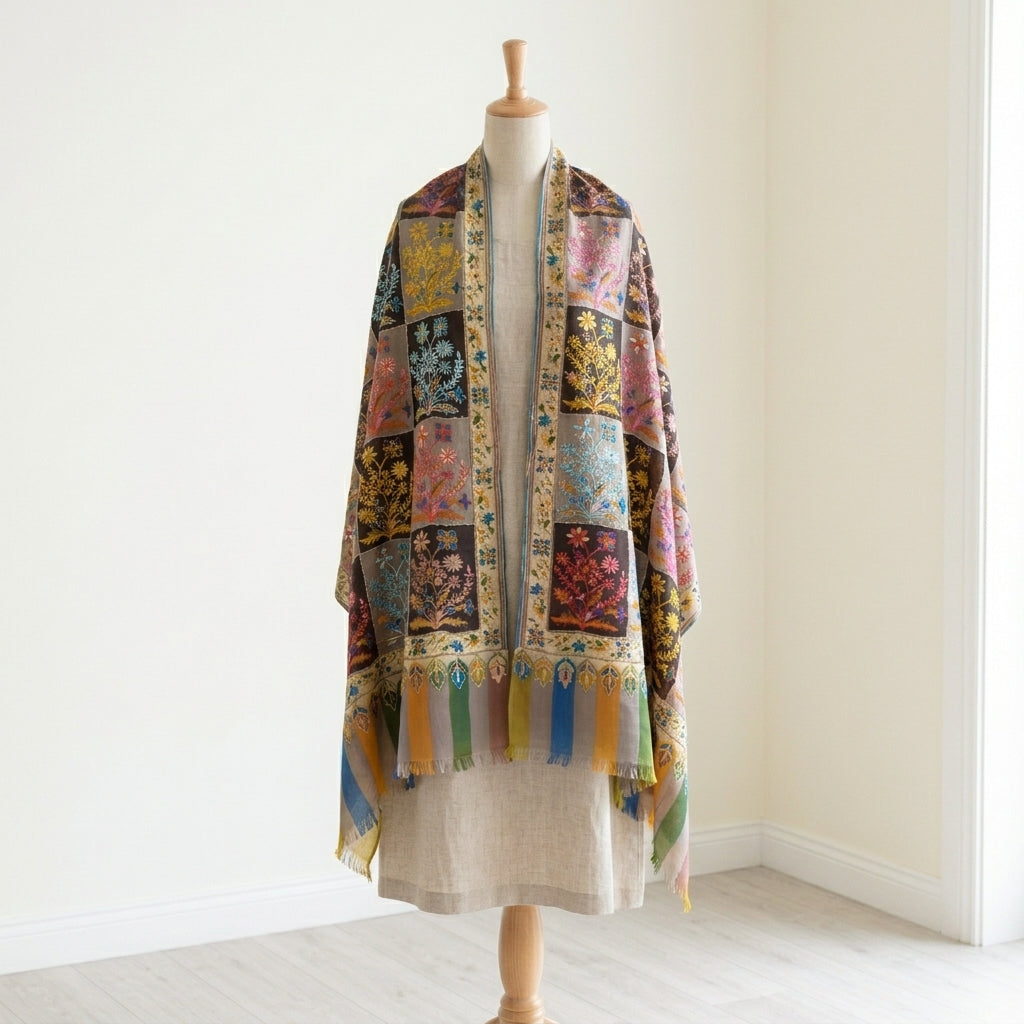 Stunning Kalamkari – Fine Cashmere Wool Shawl with Hand-Block Printing & Embroidery