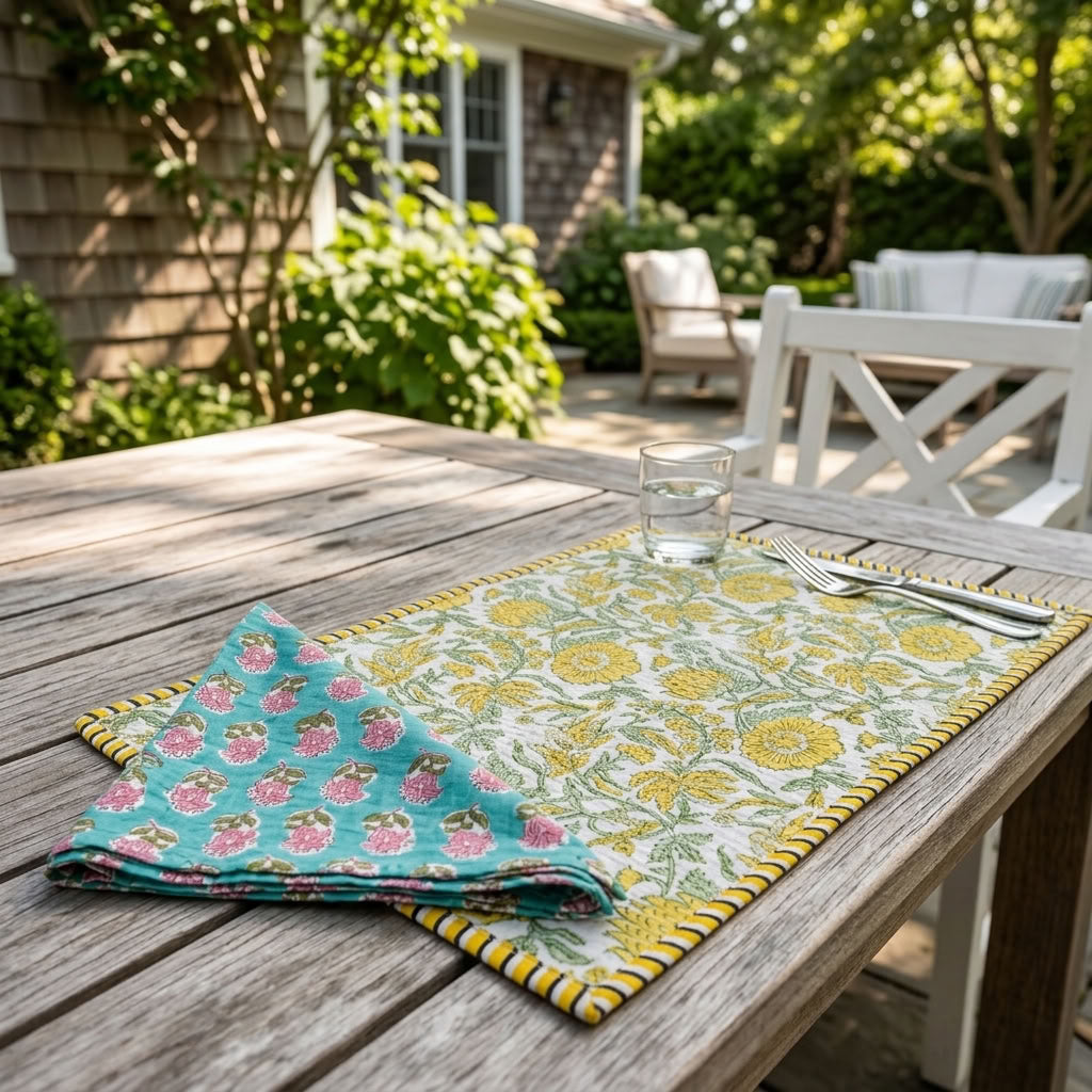 Sunshine Parterre - Block Printed, Reversible, Quilted Cotton Placemats