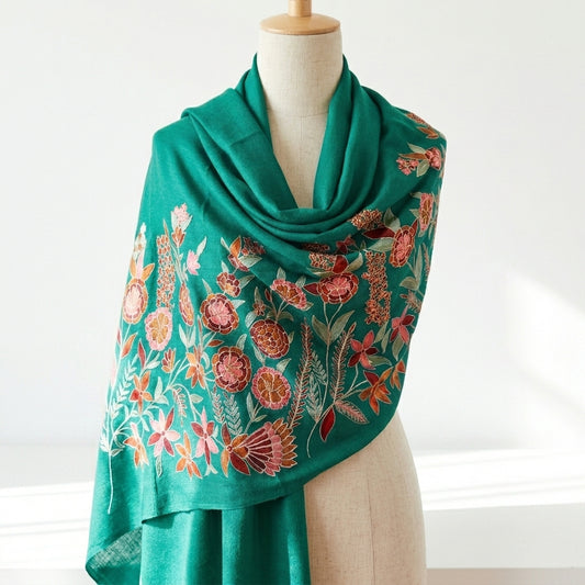 Charming Chinar - Fine Cashmere Wool Shawl with Intricate Silk Embroidery