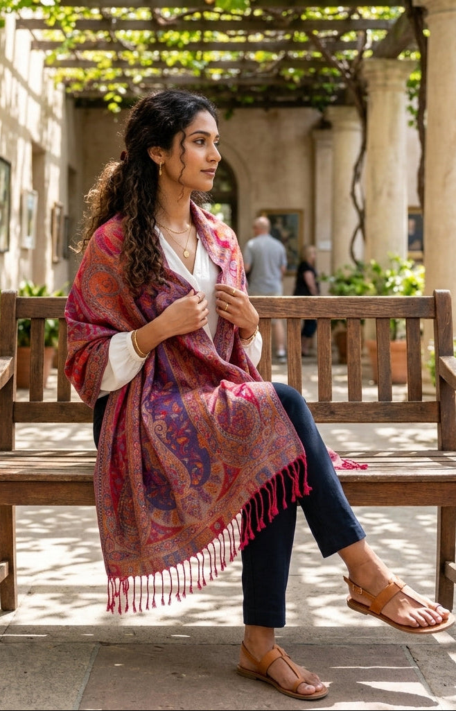 Kashmiri Motif - Reversible Shawl with Intricate Jacquard Kani Weave & Tassels