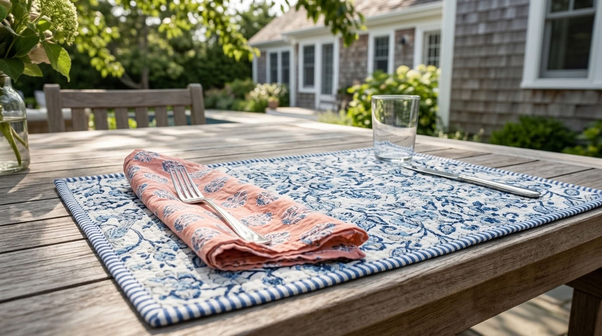 Blue Porcelain - Block Printed, Reversible, Quilted Cotton Placemats