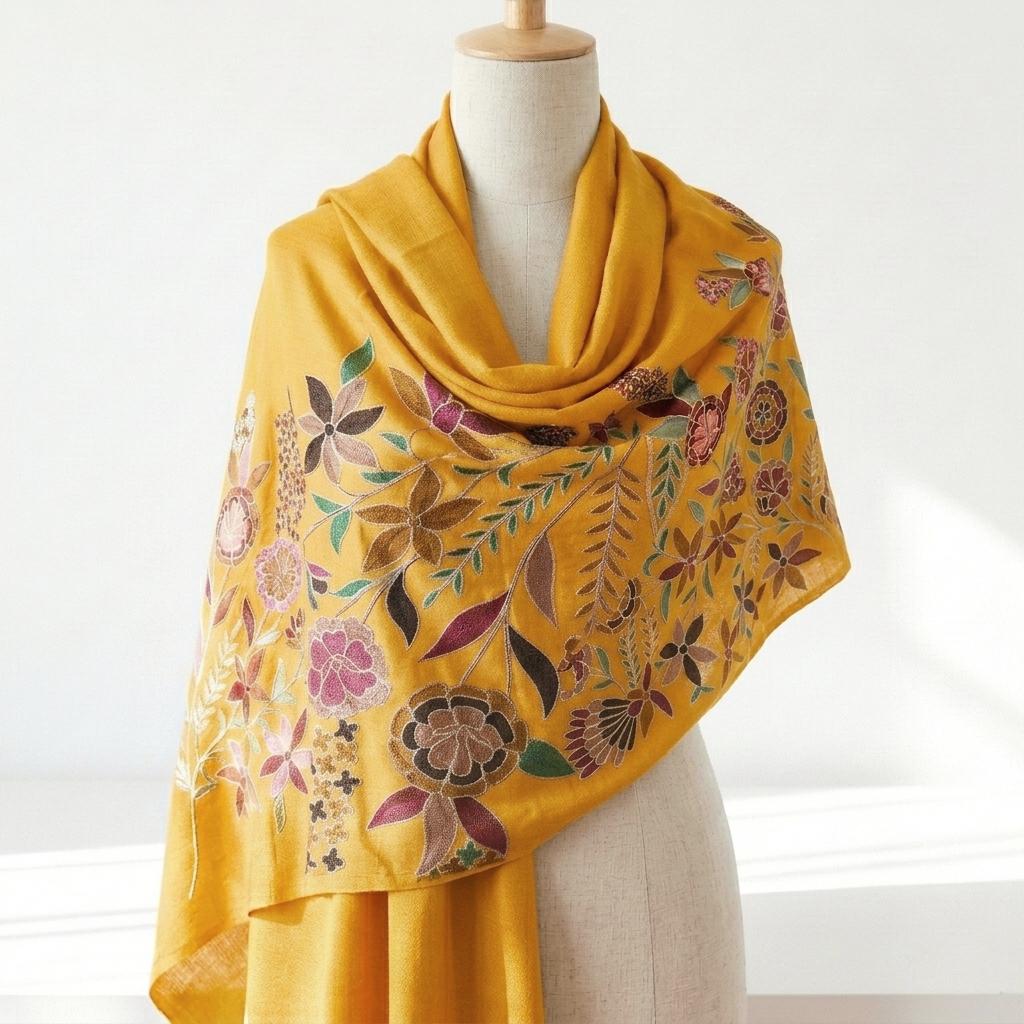 Charming Chinar - Fine Cashmere Wool Shawl with Intricate Silk Embroidery