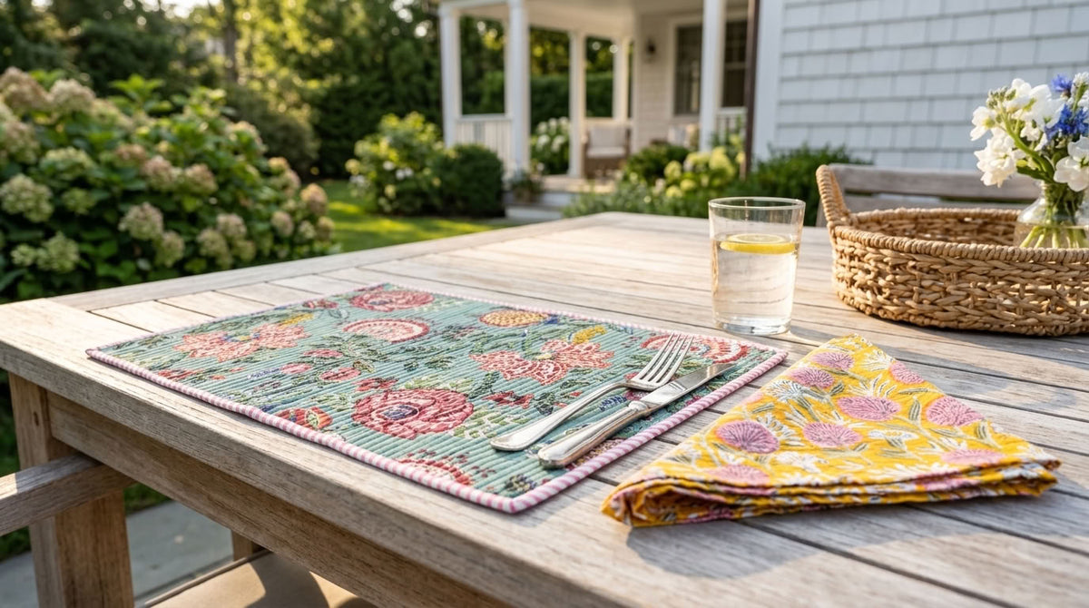 Garden Rhapsody - Block Printed, Reversible, Quilted Cotton Placemats