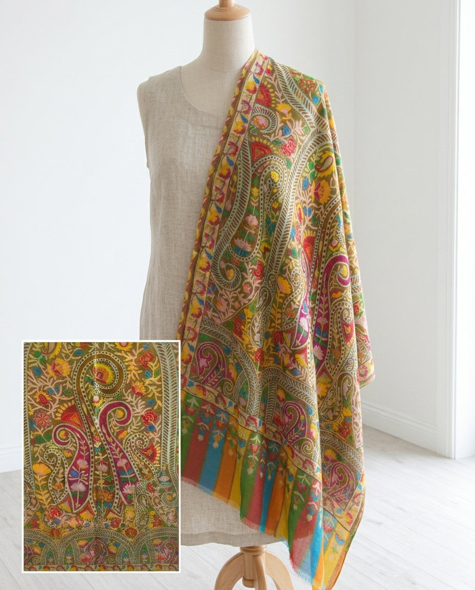 Stunning Kalamkari – Fine Cashmere Wool Shawl with Hand-Block Printing & Embroidery