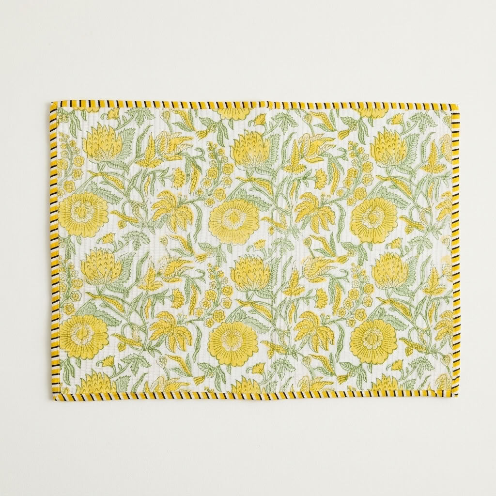Sunshine Parterre - Block Printed, Reversible, Quilted Cotton Placemats