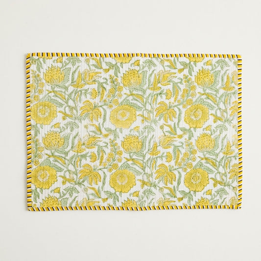 Sunshine Parterre - Block Printed, Reversible, Quilted Cotton Placemats