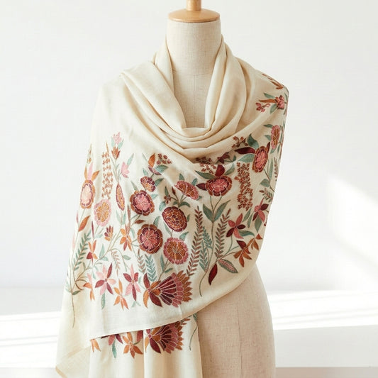 Charming Chinar - Fine Cashmere Wool Shawl with Intricate Silk Embroidery