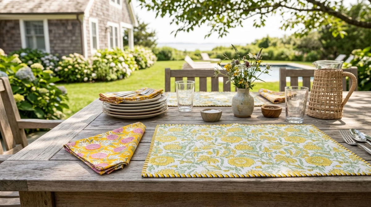 Sunshine Parterre - Block Printed, Reversible, Quilted Cotton Placemats