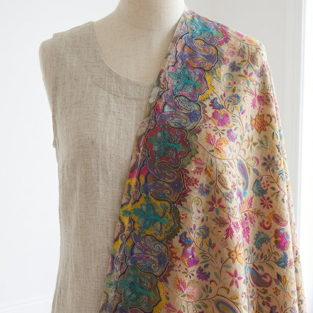 Stunning Kalamkari – Fine Cashmere Wool Shawl with Hand-Block Printing & Embroidery