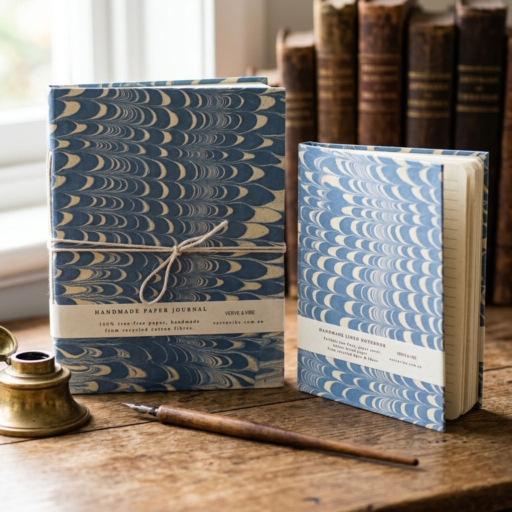 Indigo Crests -  Marbled Cover, Handmade Journal & Notebook
