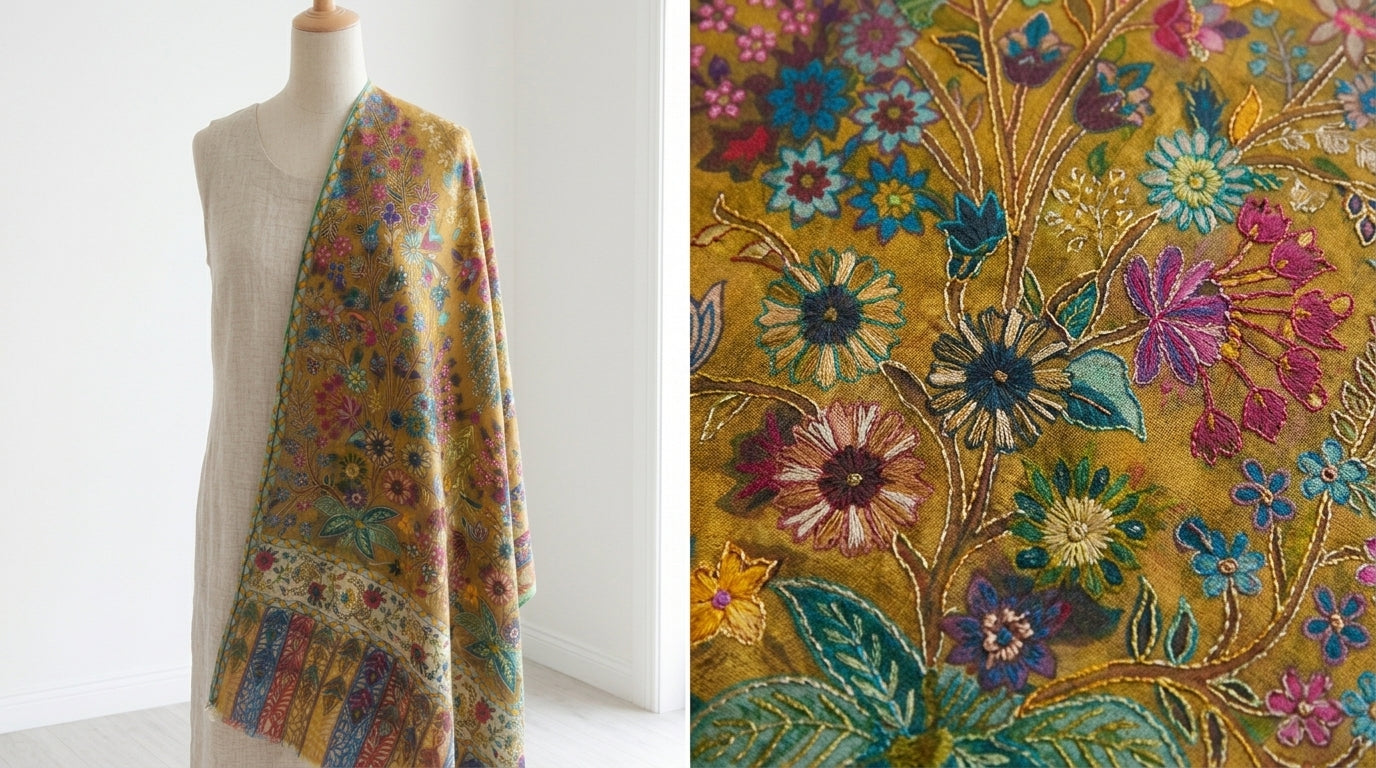 Stunning Kalamkari – Fine Cashmere Wool Shawl with Hand-Block Printing & Embroidery