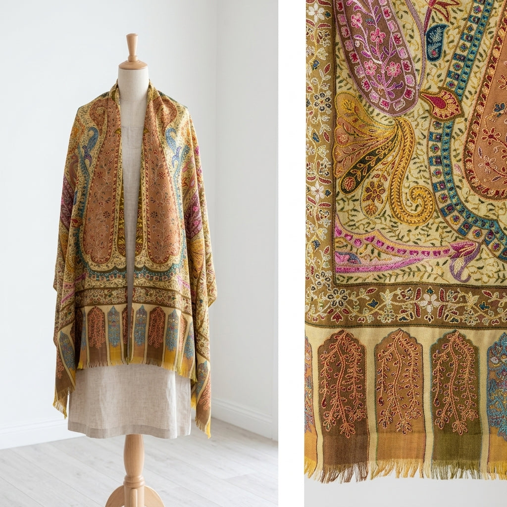 Stunning Kalamkari – Fine Cashmere Wool Shawl with Hand-Block Printing & Embroidery