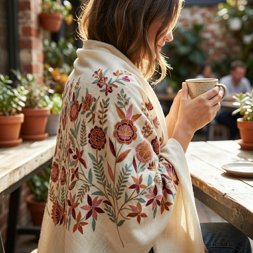 Woman holding a mug wrapped in a floral-patterned shawl at an outdoor setting.