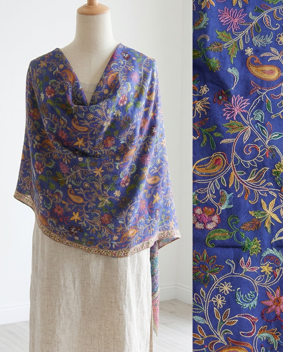Stunning Kalamkari – Fine Cashmere Wool Shawl with Hand-Block Printing & Embroidery
