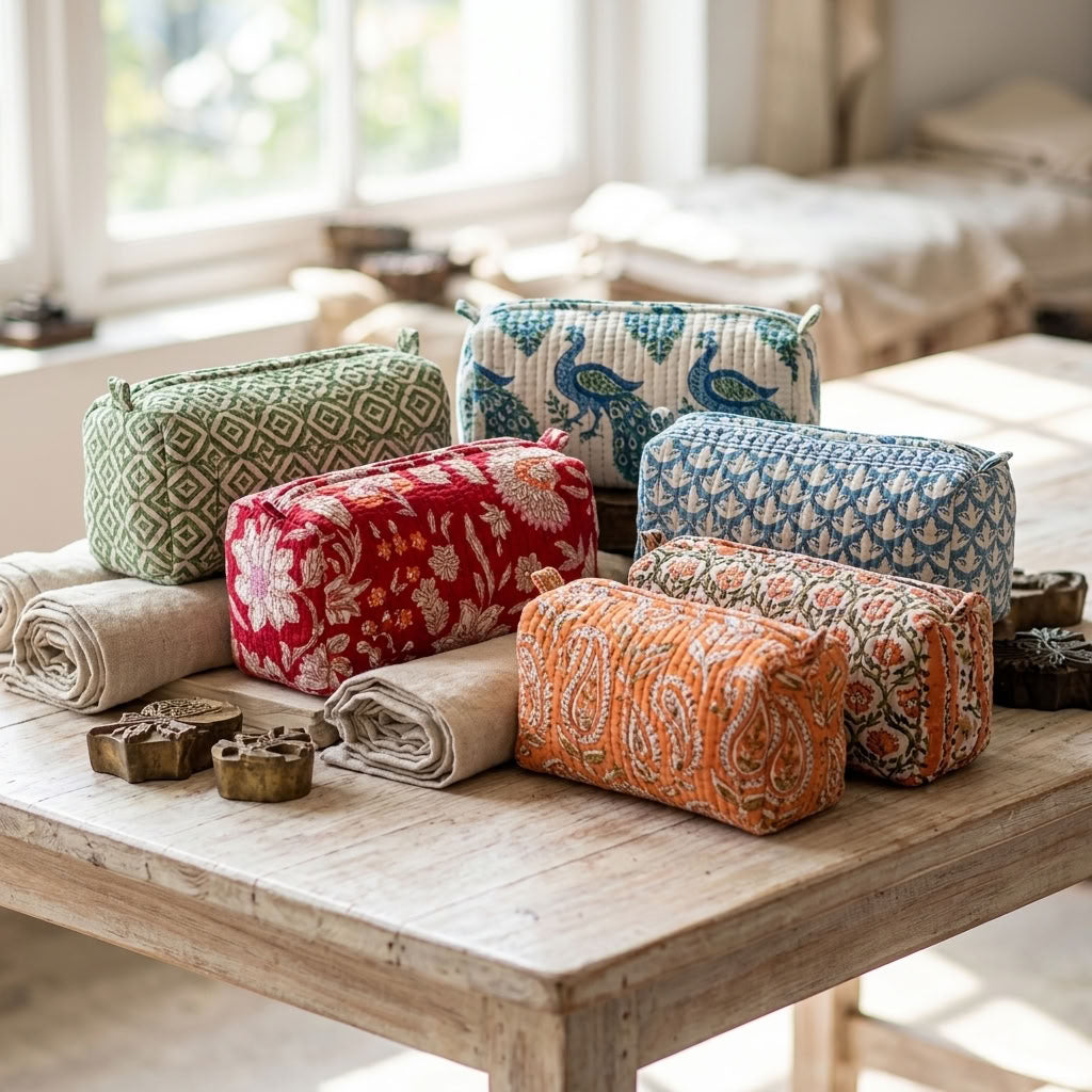 Pretty & Practical - Hand Block Printed, Quilted Toiletries Pouch