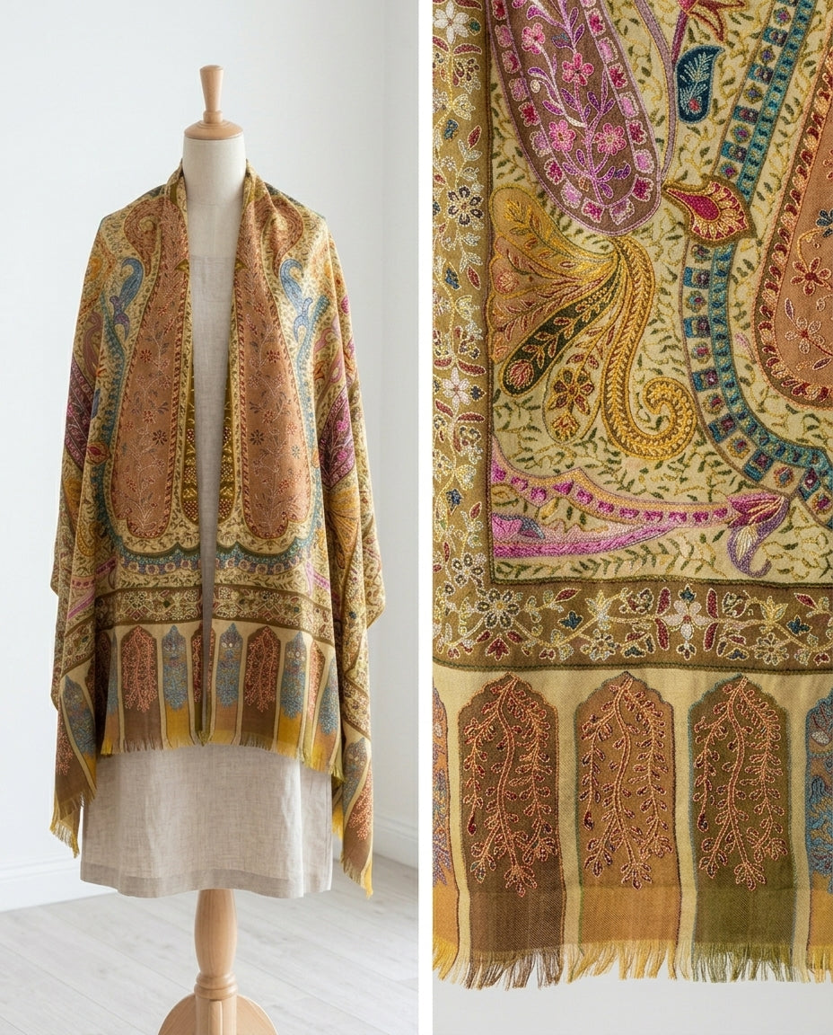 Stunning Kalamkari – Fine Cashmere Wool Shawl with Hand-Block Printing & Embroidery