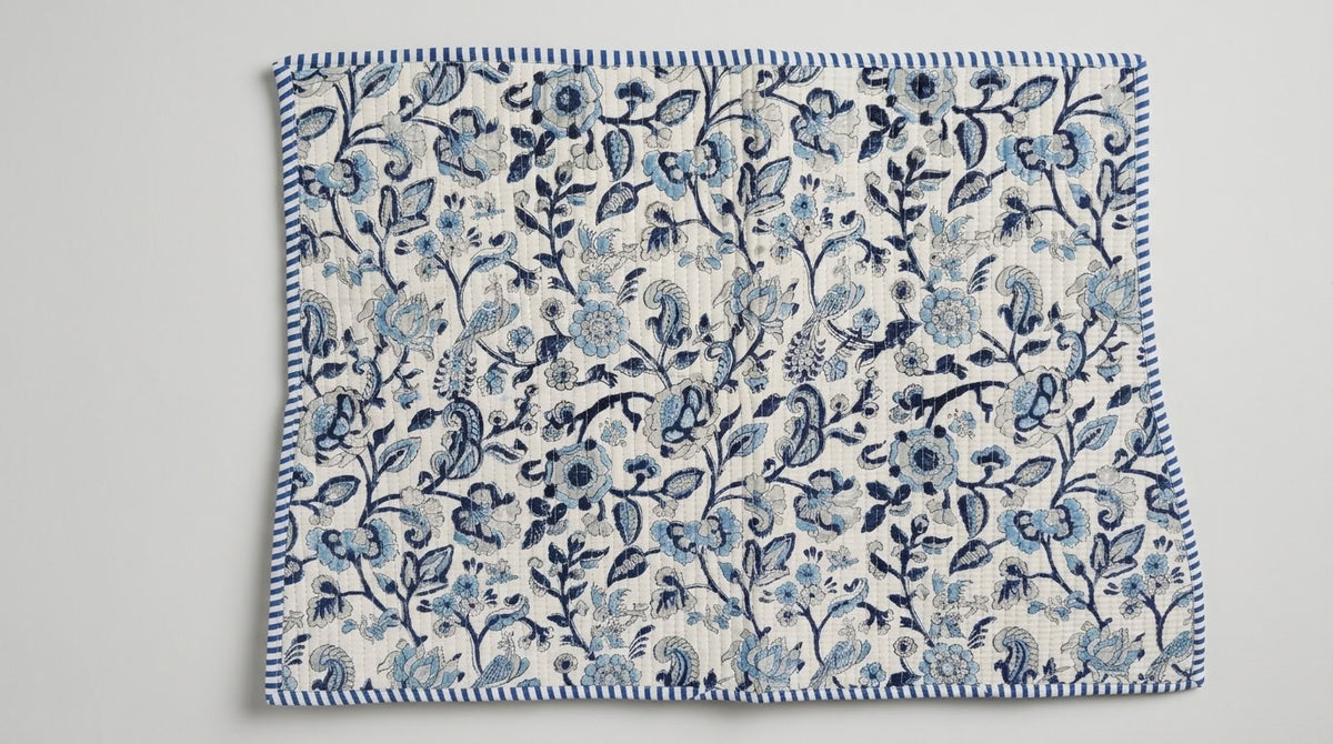 Blue Porcelain - Block Printed, Reversible, Quilted Cotton Placemats