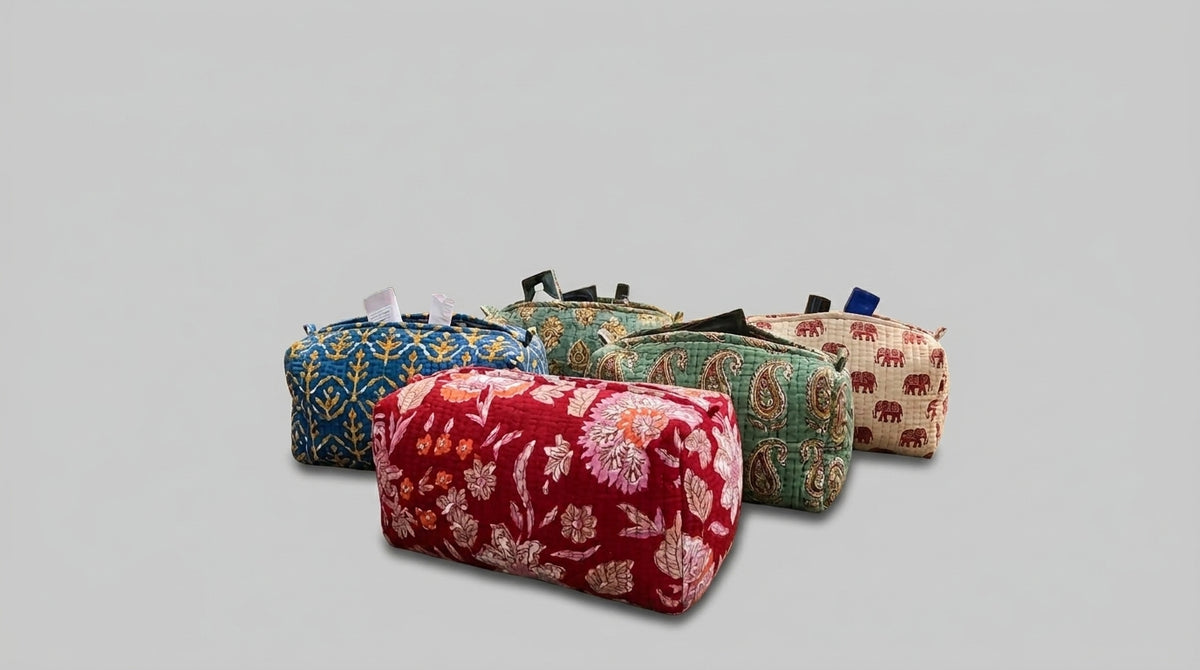 Pretty & Practical - Hand Block Printed, Quilted Toiletries Pouch