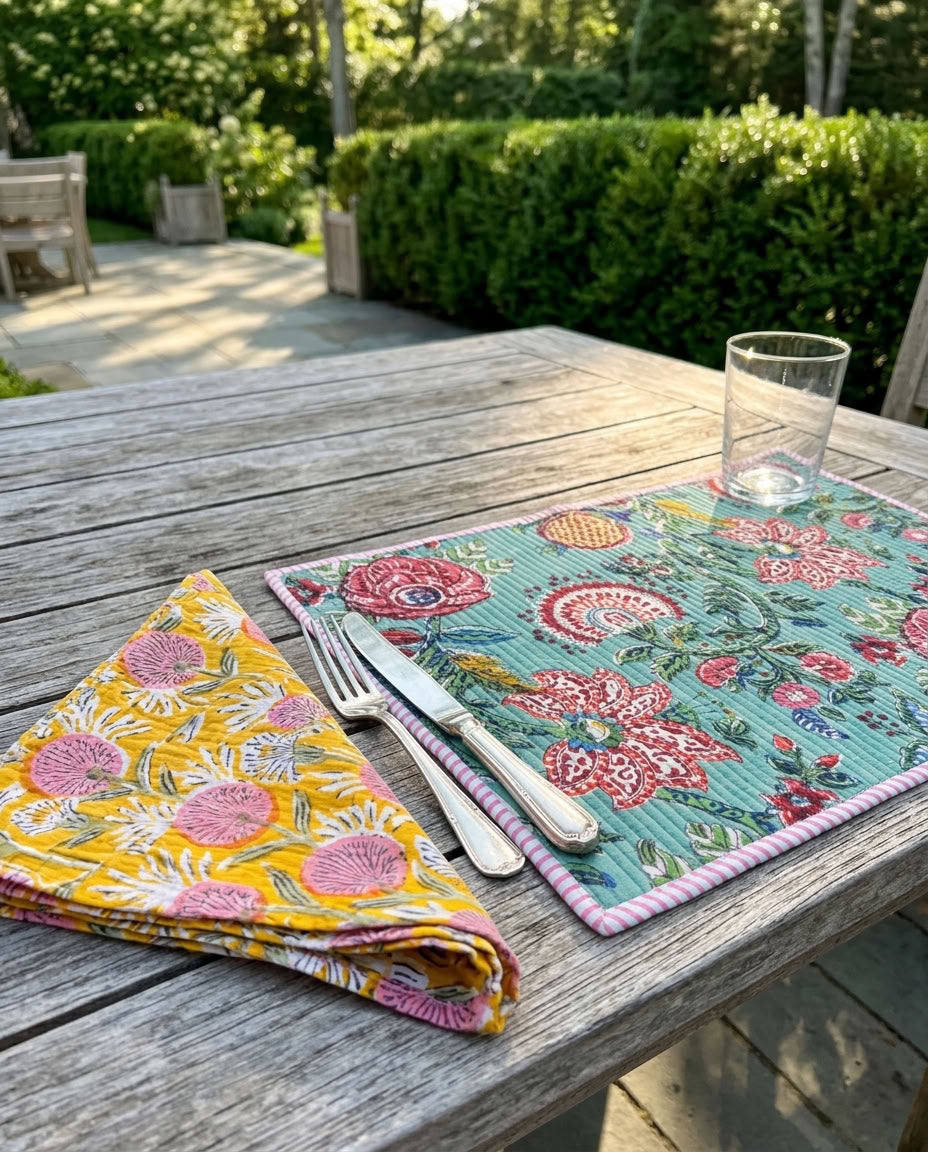Garden Rhapsody - Block Printed, Reversible, Quilted Cotton Placemats