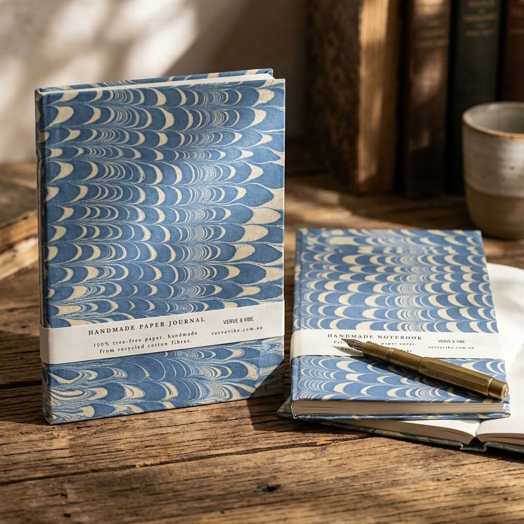 Indigo Crests -  Marbled Cover, Handmade Journal & Notebook