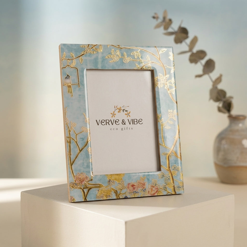 Firozi Flora - Luxe Gold Foil Accent, Handcrafted Wood Photo Frame