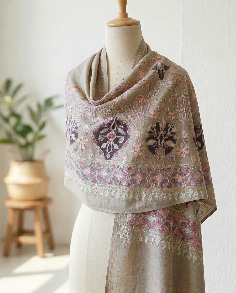 Heritage Nalki - Fine Cashmere Wool Shawl with Intricate Silk Embroidery
