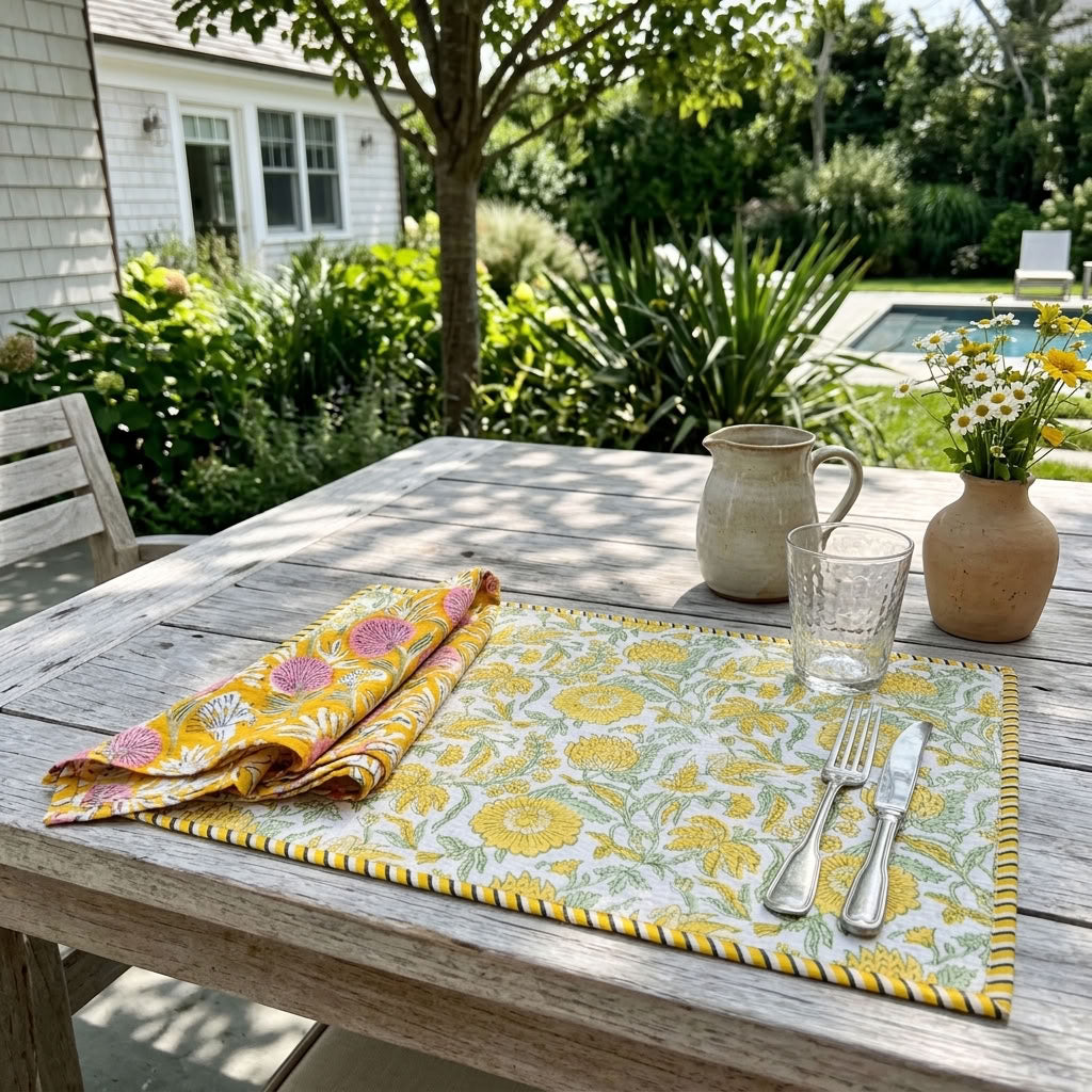 Sunshine Parterre - Block Printed, Reversible, Quilted Cotton Placemats