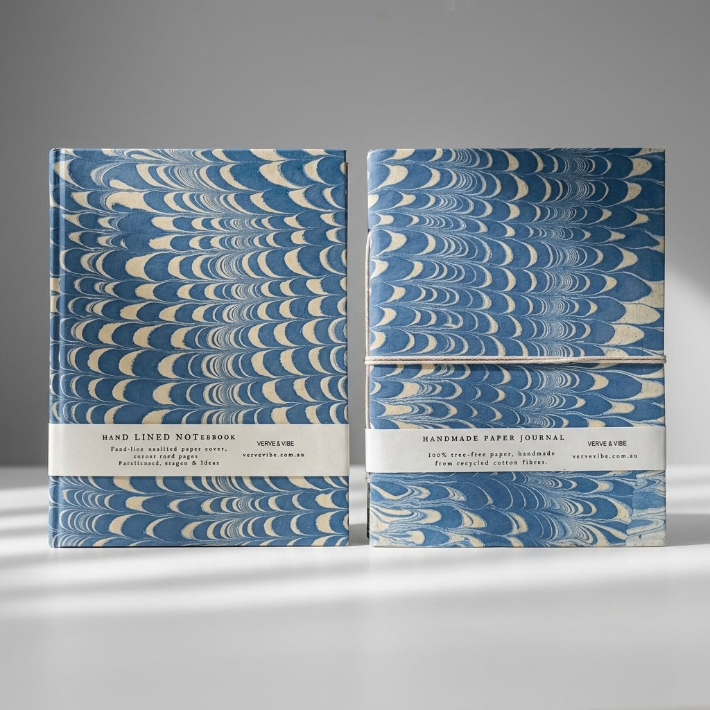 Indigo Crests -  Marbled Cover, Handmade Journal & Notebook