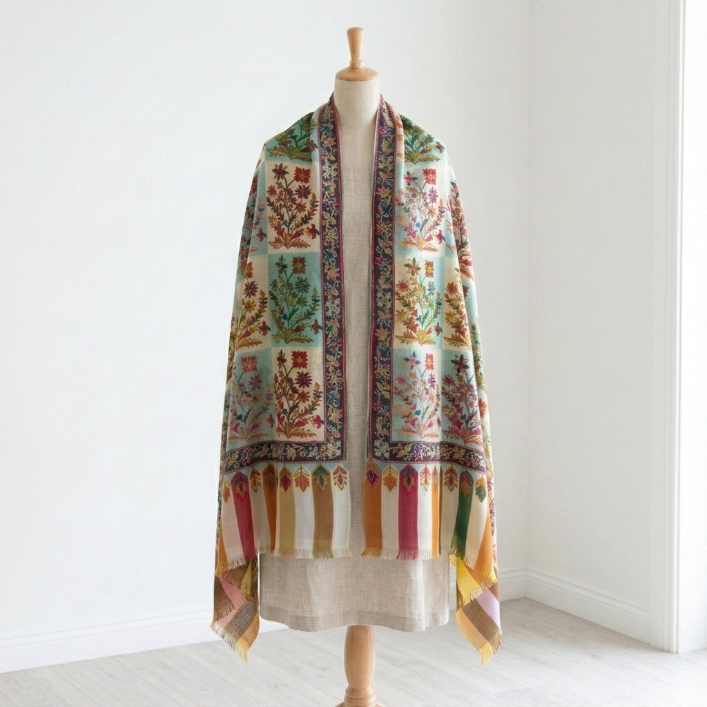 Colorful patterned scarf on a mannequin against a white background