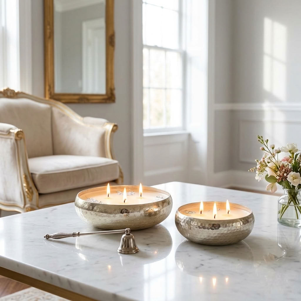 Silver Mist - Luxe Soy Candle in Handcrafted Metal Urli Bowl