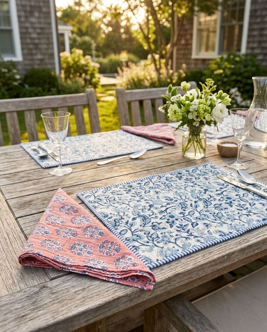 Blue Porcelain - Block Printed, Reversible, Quilted Cotton Placemats