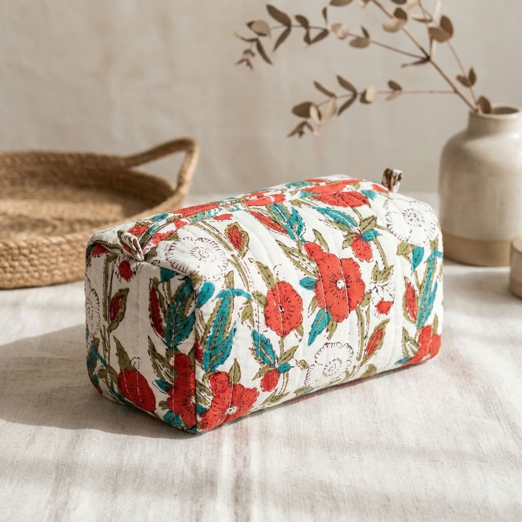 The Mélange - Hand-block Printed Quilted Makeup Bag | Cosmetic Pouch