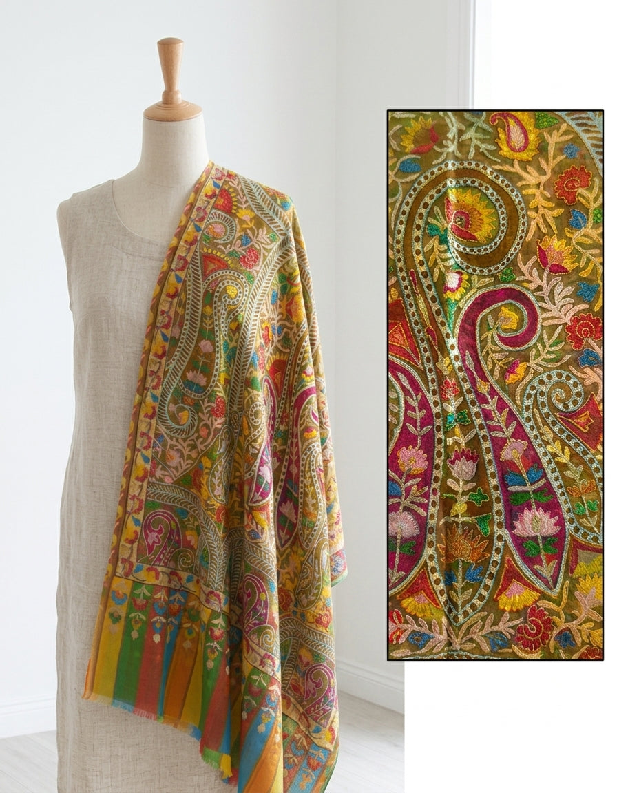 Stunning Kalamkari – Fine Cashmere Wool Shawl with Hand-Block Printing & Embroidery