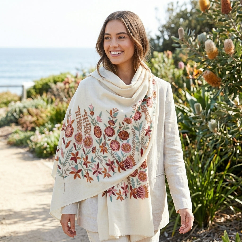 Woman wearing a floral-patterned shawl outdoors
